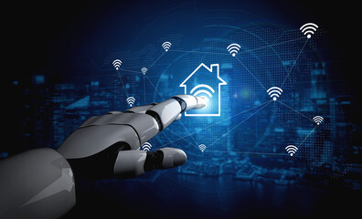 A robotic hand points towards a smart home symbol, illustrating advanced technology and connectivity in the era of digital automation and smart living solutions. Gantry