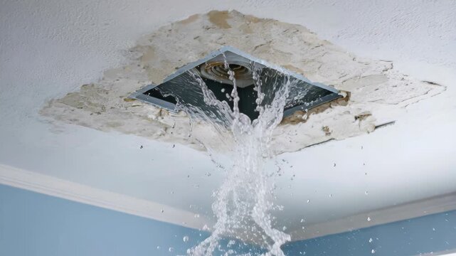 A damaged ceiling with a large hole, water is pouring out of the vent and onto the floor below.
