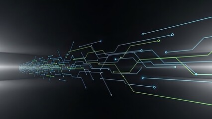 Futuristic circuit board design with glowing neon lines on dark background