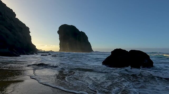 Monolith of Roque del Moro in the volcanic coast line of Cofete, in the Atlantic island of Fuerteventura, Spain. 