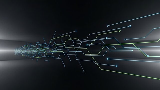 Futuristic circuit board design with glowing neon lines on dark background - Powered by Adobe