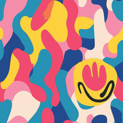 Playful seamless pattern with colorful abstract shapes and smiley faces. Groovy, vibrant, and cheerful design perfect for textiles, wallpapers, branding, and kids' products.