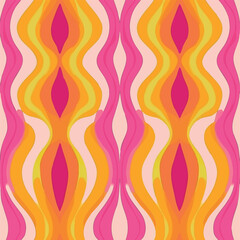 Playful seamless pattern with colorful abstract shapes and smiley faces. Groovy, vibrant, and cheerful design perfect for textiles, wallpapers, branding, and kids' products.