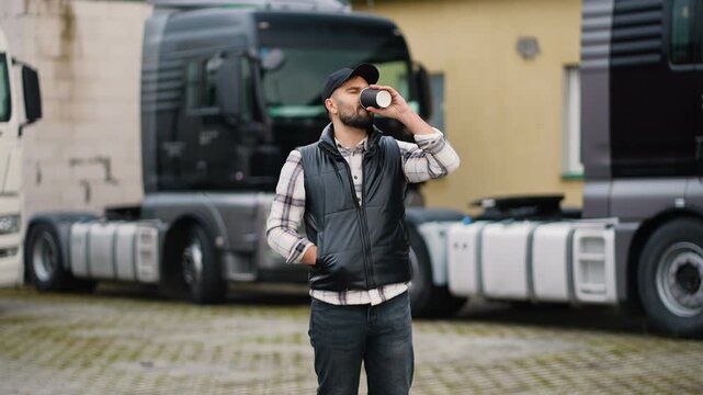 Professional truck driver drinking coffee at a rest stop