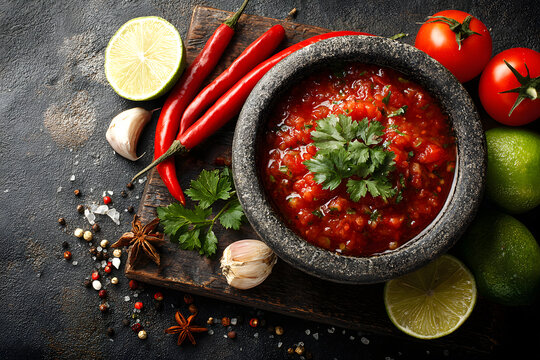 Tomato salsa (salsa roja) - traditional mexican sauce with ingredients for making on a light grey slate,stone or concrete background.Top view with copy space.