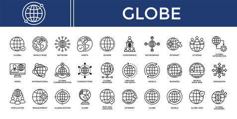 Globe icon set collection. Containing www, atlas, operation, geography, news, planet, touch .Line vector icons collection