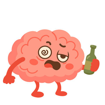 Drunk Cartoon Brain Character with Bottle
