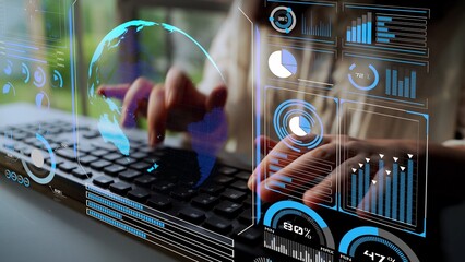 High-tech global network connection interface showing worldwide digital communication, data exchange, and internet connectivity. Global connection, data interaction, and worldwide communication. Thunk
