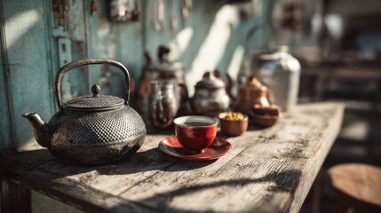 Elegant tea ceremony preparation with antique teapots on weathered wood