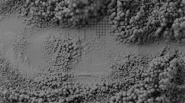 abstract flowing spheres surface with smooth wave motion, monochrome procedural bubble structure, seamless loop animation