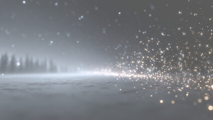 Snowy ground and forest night landscape with light