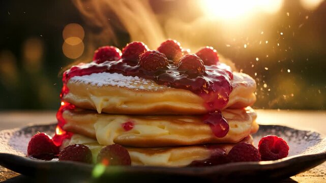 A stack of pancakes is topped with raspberry sauce and fresh raspberries, sitting on a dark plate. The pancakes and raspberries create a delicious scene illuminated by warm sunlight.