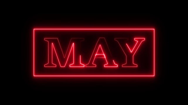 Animation of glowing neon shine month name MAY text icon animation on black background. 4k neon creative video motion graphic