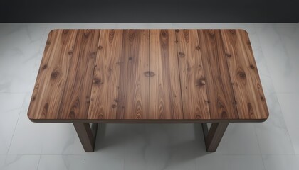 Modern wooden table with brown wood grain on white tiled floor