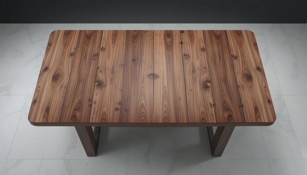 Modern wooden table with brown wood grain on white tiled floor - Powered by Adobe