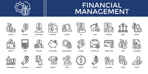 Financial management icon set collection. Containing invest, calculate, increase, retirement, profit, insurance, management .Line vector icons collection