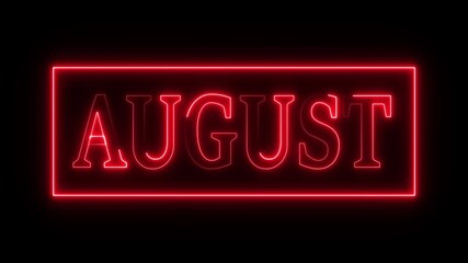 Animation of glowing neon shine month name AUGUST text icon animation on black background. 4k neon creative video motion graphic