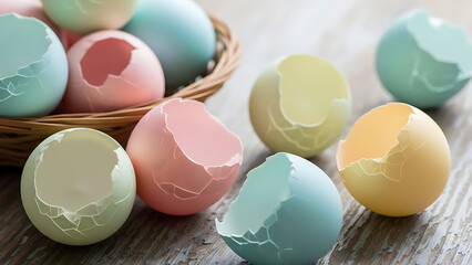 Eggs Pastel Color Broken Shell Basket Scene
