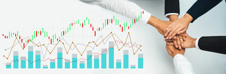 A dynamic scene illustrating teamwork and collaboration in a business setting, featuring hands joining over market charts representing economic growth and success. Scalp