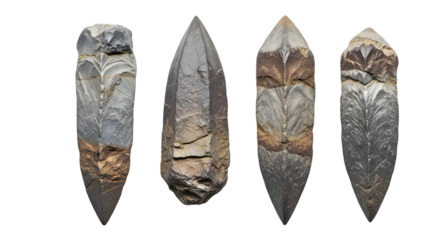 Four ancient stone arrowheads isolated on transparent background