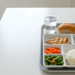 Hospital meal tray placed on the right side of a bright table, simple portions of balanced food, large clean white surface on the left serving as negative space for medical or nutrition messaging.