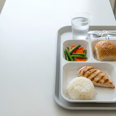 Hospital meal tray placed on the right side of a bright table, simple portions of balanced food, large clean white surface on the left serving as negative space for medical or nutrition messaging.