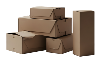 Stack of cardboard boxes isolated on transparent background for shipping and storage needs