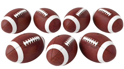 Seven brown and white footballs isolated on transparent background