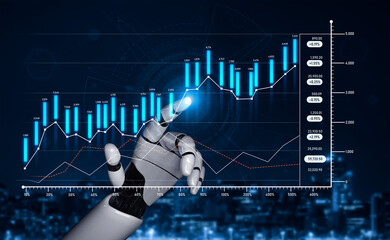 A futuristic robotic hand points at a glowing financial chart, showcasing data analysis and growth trends in a modern digital business environment. Scalp