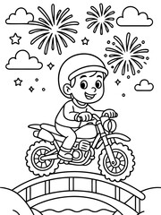 Fototapeta premium Motorcycle Adventure: An image that shows a child's adventurous spirit as he rides a motorcycle under a sky filled with fireworks and stars, a symbol of freedom and excitement.