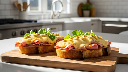 Ham and Cheese Toast on Wooden Board