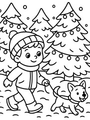 Fototapeta premium Winter Walk: A cheerful illustration of a child enjoying a winter walk with his canine companion, embracing the magic of winter and a bond of friendship in this heart-warming illustration.