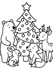 Naklejka premium Holiday Cheer: Adorable woodland animals gather around a festive, decorated tree, their simple forms filled with the spirit of the season.