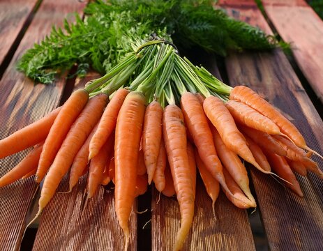 a large variety of carrots with green tops displayed at a farmers market on a wooden table top - Powered by Adobe