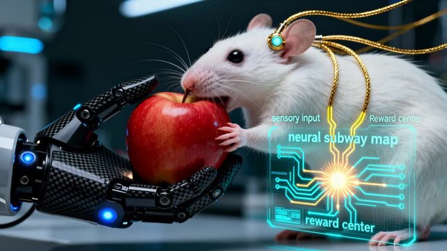 White rat with neural implants interacts with a robotic prosthetic hand to reach a red apple inside a laboratory setting, illustrating neuroscience research, brain-machine interfaces and technological