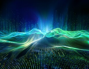 abstract futuristic technology background with dynamic green and blue particle waves and light trails visualizing data flow