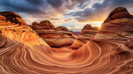 Sandstone formations with swirling patterns, a cloudy sky, and waves. Perfect for travel blogs, nature magazines, and educational material.
