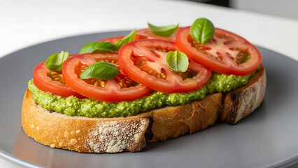 Avocado Spread Toast with Tomato Slices and Basil