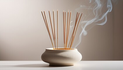 incense sticks burning in a minimalist ceramic holder on a smooth white surface