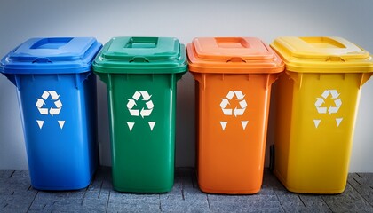 vibrant recycling bins with lids in blue green orange and yellow