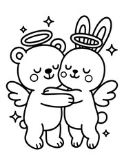 Fototapeta premium Adorable Embrace: a touching illustration of two celestial friends, a bear and bunny, wrapped in a warm embrace, symbolizing affection, comfort, and friendship.
