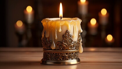 a lit candle with dripping wax sits in a decorative holder