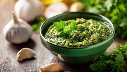 fresh parsley and garlic flavors blend in vibrant emerald chimichurri sauce