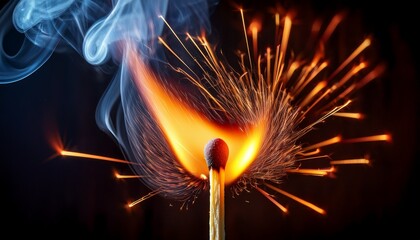 close up of a matchstick head igniting with fiery particles and glowing trails