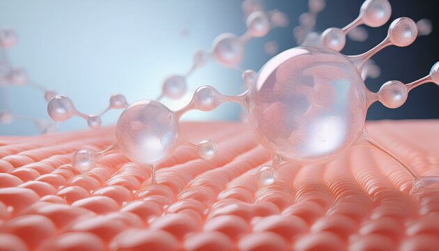 macro 3d rendering of skin with tranexamic acid serum and molecular diffusion