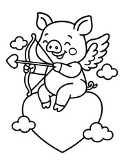 Fototapeta premium Love's Embrace: A charming illustration depicts a sweet cupid pig, poised on a heart and aiming a love arrow, ready to spread affection and joy. 