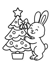 Fototapeta premium Joyful Bunny Decorates Christmas Tree: A cute bunny joyfully decorates a Christmas tree with a star and a bow, radiating the warmth of the holiday spirit.