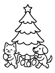 Fototapeta premium Christmas Cheer with Pets: A charming illustration depicts a festive Christmas tree adorned with ornaments, accompanied by a happy cat and dog, spreading holiday joy.