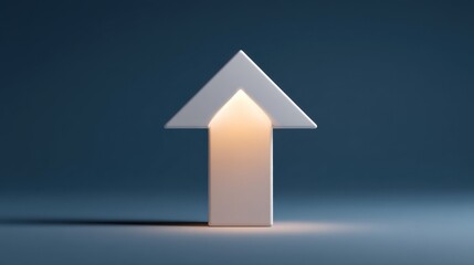 Fototapeta premium Modern decorative lamp shaped like an upward arrow casting a soft warm light on a dark blue background for contemporary home design and interior decor