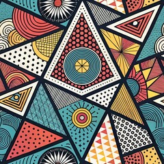 Vibrant geometric abstract pattern with triangles circles and diverse tribal inspired fill textures